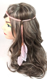Serre-tête style Ibiza avec perles et plumes Saumon (1 pc.)