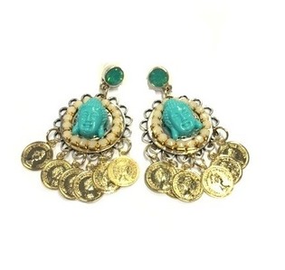 Boucles d'oreilles Bouddha Turquoise et Pièces (1 pc)
