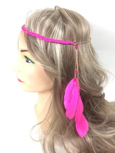 Bandeau tressé style Ibiza avec plumes fuchsia (1 pc)