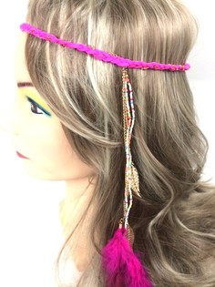 Serre-tête tressé avec plumes Fuchsia (1 pc)