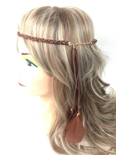 Serre-tête tressé avec plumes marron (1 pc)