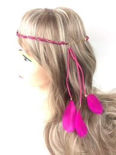 Bandeau tressé style Ibiza avec plumes - Fuchsia (1 pc)