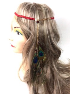 Serre-tête tressé bordeaux avec plumes de paon (1 pc)