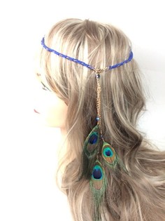 Bandeau tressé bleu style Ibiza avec plumes de paon (1 pc)