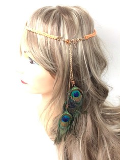 Bandeau Cheveux Tressé Orange/Saumon avec Plumes de Paon (1 pc)