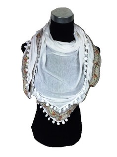 Châle triangulaire blanc à pompons style Ibiza (1 pc)