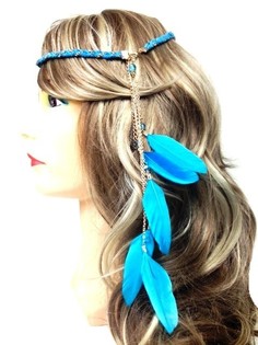 Bandeau tressé avec plumes bleu (1 pc)