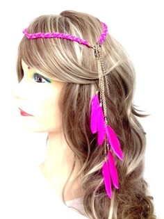 Bandeau tressé avec plumes style Ibiza Fuchsia (1 pc)