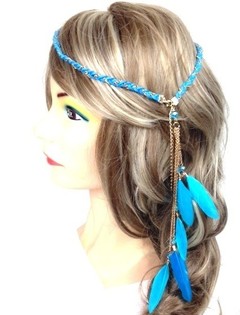 Bandeau tressé style Ibiza avec plumes Turquoise (1 pc)