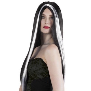 Perruque Longue Noire avec Mèches Blanches (1 pc)