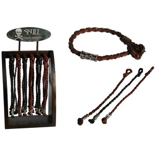 Bracelets en cuir tress&eacute; "Skull" sur pr&eacute;sentoir en bois (96 pcs)