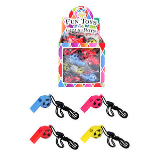SIFFLETS DE FOOTBALL COLORÉS EN PRÉSENTOIR (48 pcs.)