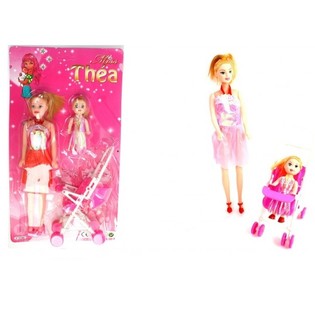 ENSEMBLE DE POUPÉES : MAMAN, FILLE ET POUSSETTE (10 pcs)