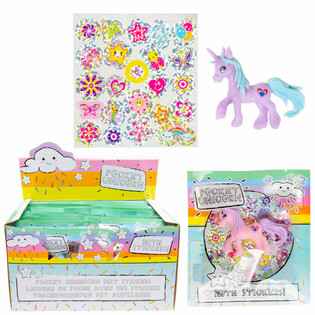 LICORNE DE POCHE - LICORNE + AUTOCOLLANTS EN POCHETTE CADEAU - EN PRÉSENTOIR (24 pcs)
