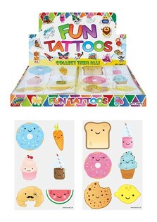 Tatouages Éphémères Rigolos - Modèle : Visages d'Aliments (Présentoir de 48 pcs, 12 Tatouages par sachet)