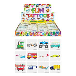 TATTOOS AMUSANTS - MODÈLE : VÉHICULES, Chaque paquet 12x Tatouages EN PRÉSENTOIR (48 pcs)
