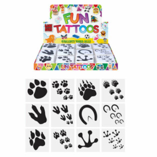 TATOUAGES FUN - MODÈLE : EMPREINTES D'ANIMAUX, Chaque paquet contient 12x Tatouages EN PRÉSENTOIR (48 pcs)