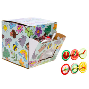 TOUPIES EN BOIS AVEC IMPRIM&Eacute; FRUITS - EN PR&Eacute;SENTOIR (42 pcs)