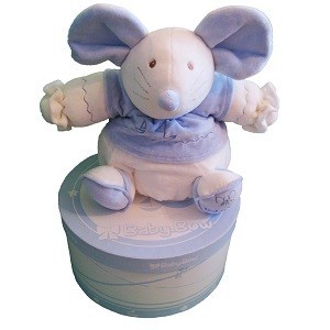 Peluche Baby Bow en Boîte Cadeau - Modèle 15 (Souris, Bleu/Blanc)